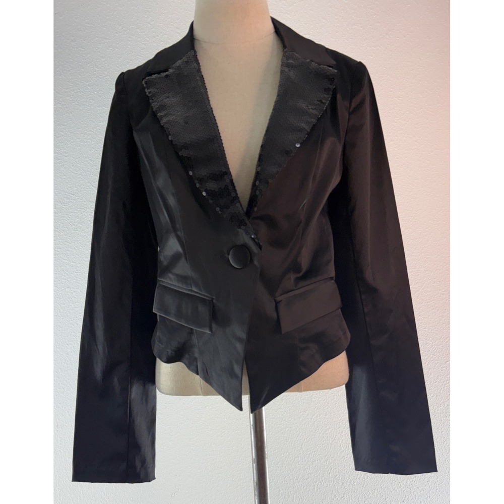 Y2K Candie's Black Satin Blazer Jacket Sequin Lapel Fairy Grunge Pockets Medium